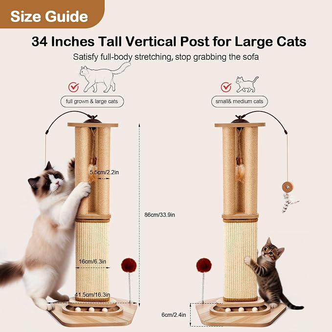 34 Inch Tall Cat Scratching Post for Large Cats, Heavy Duty Natural Sisal Cat Scratcher with Multi Interactive Toys 360° Rotating Feather Toy, Ball Track, Spring Pom for Adult Cats & Kittens