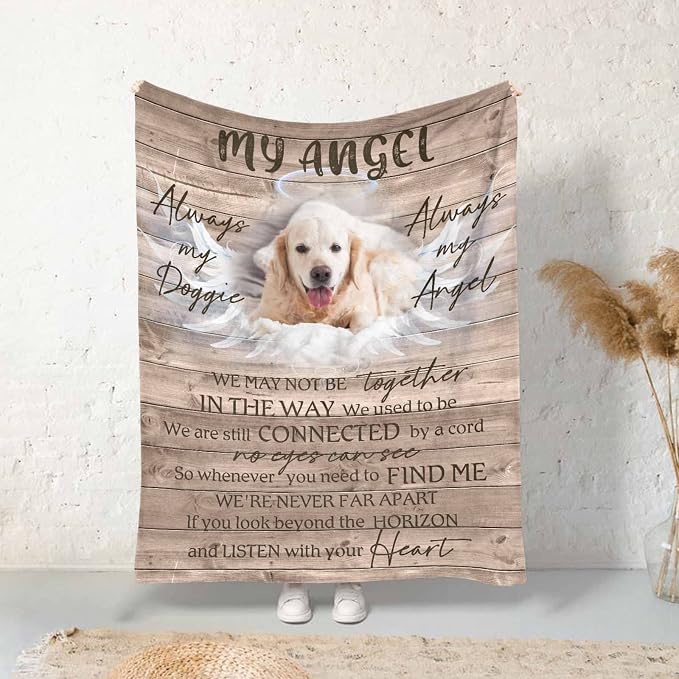 Personalized Memorial Fleece Blanket with Dog Cat Photo Always My Doggie Always My Angel Halo Wing Cloud Blanket Custom Pet Sympathy Remembrance Gift for Family and Friends 40X50 Inch