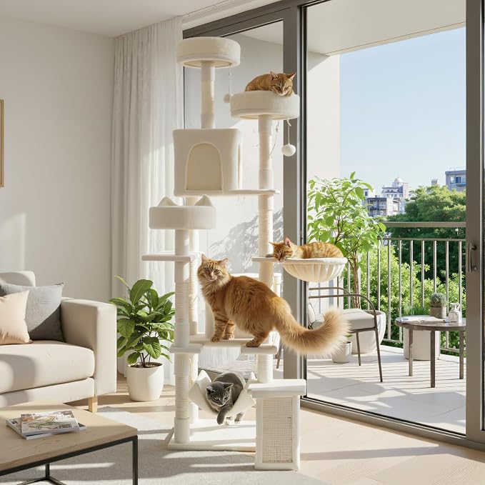 DUMOS Tall 75 inch Cat Tree Tower with Scratching Posts, Indoor Cats Use | Large Multi Level Cat Climbing Tower with Condo, Platform, Hammock, Basket, Pet Tree House for Kittens Play, Beige