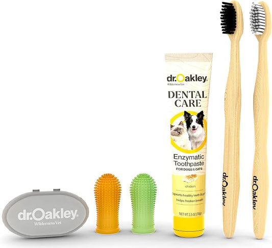 Dr. Oakley Dental Toothbrush Kit for Dogs & Cats, Chicken Flavor | Finger Brush for Small Pets, Soft Brushes for Large or Older Pets, Natural and Safe