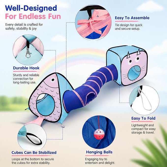 Rypet Cat Toy Tunnel and Cubes Bundle - Interactive Crinkle Collapsible Cat Tube and Foldable Cubes Playground for Kitty, Rabbit, Puppy, Ferret Hiding Hunting and Resting