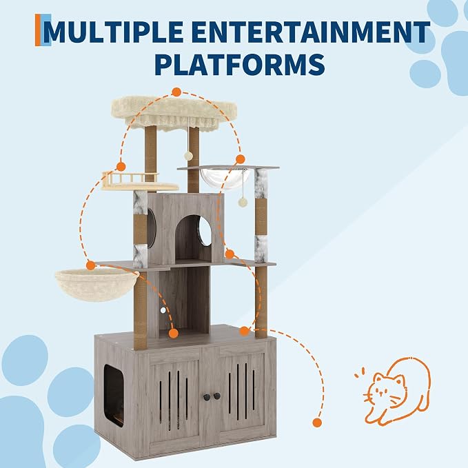 TrailBlaze Modern Multi-Level Cat Tree with Hidden Litter Box Enclosure - Large Soft Perch - Sisal Scratching Posts - Cat Condo & Hammock for Indoor Cats - Gray