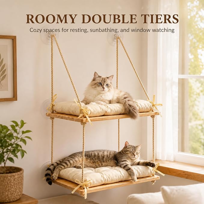 Cat Window Perch Wooden Cat Hammock Double Tier 8 Heavy-Duty Suction Cups | Dual-Tier, 50 LBS, Solid Pine Wood Platform, Washable Cushion, Tool-Free Installation, Space-Saving Comfort