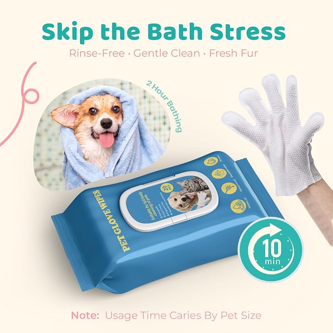 Pet Glove Wipes for Dogs & Cats with Coconut Scent, No Rinse Full Body Cleaning Large Gloves (9.84 x 9.05 inch), Gentle Grooming for Paws Face Ears Eyes Coat, Alcohol Free, 20 Pack