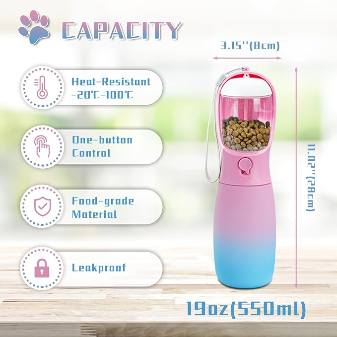 Dog Water Bottle with Food Container, 19Oz Large Capacity Portable Dog Water Bowl Dispenser, Food Grade New Puppy Essentials & Chihuahua Dog Accessories for Hiking Walking Traveling