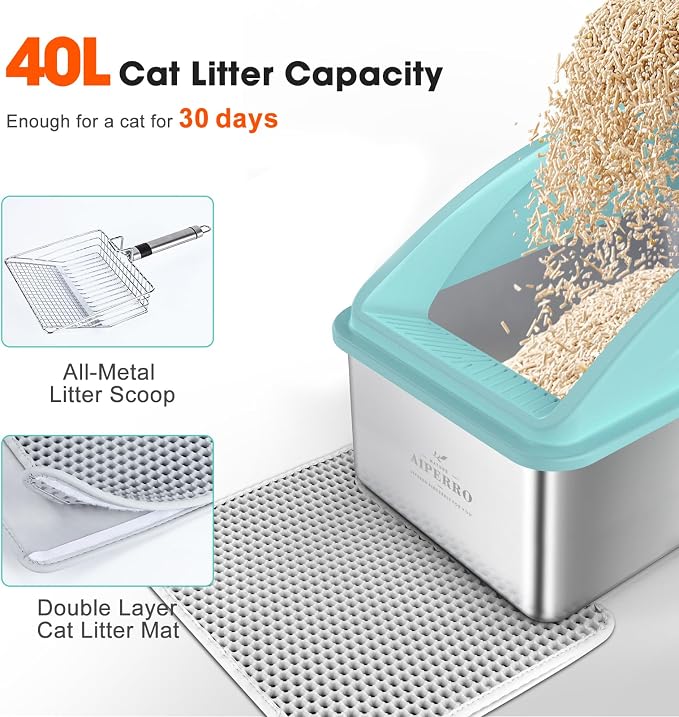 Stainless Steel Litter Box | XXL Deepened 8" Design Enclosed Box with Lid for Big Cats | High Sided, Anti-Urine Leakage | Non-Stick Bottom & Includes Litter Mat & Metal Scoop (Turquoise)