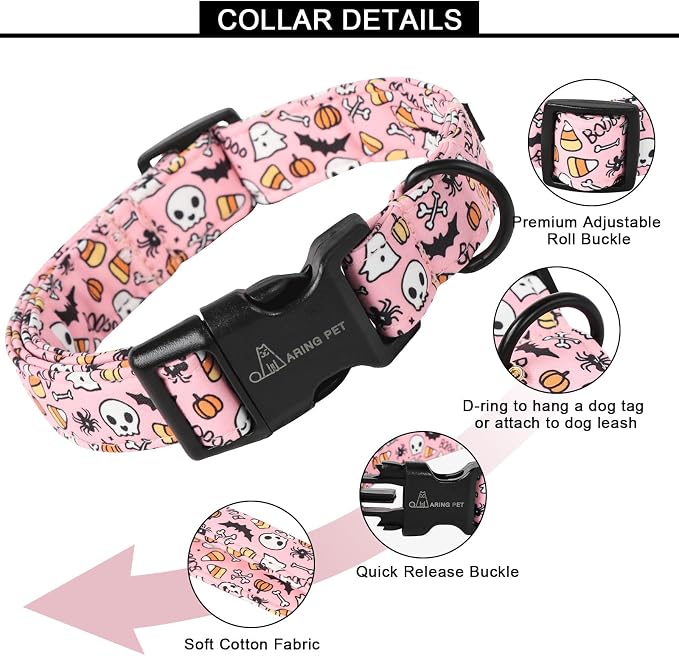 ARING PET Halloween Dog Collars, Cute Pink Pumpkin Ghost Bat Spider Skull Pet Collar with Quick Release Buckle for Small Medium Large Girl Boy Dogs-M