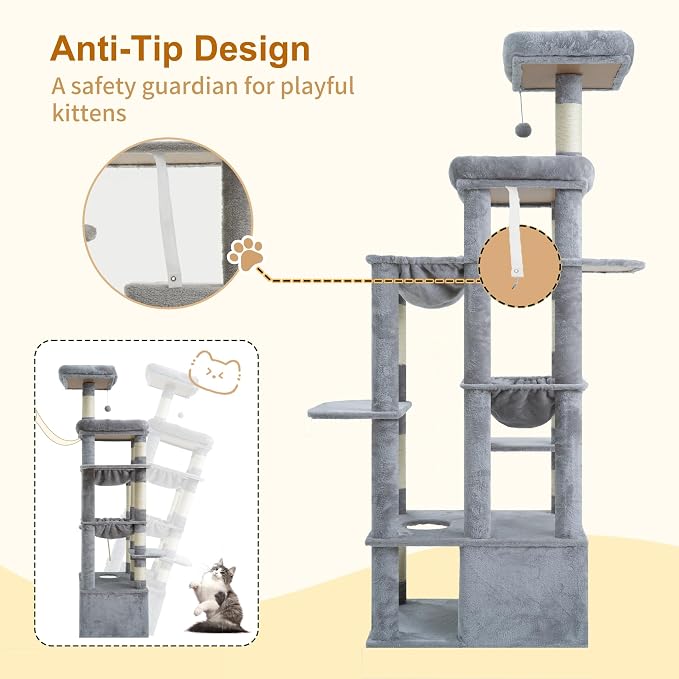 Heybly Cat Tree, 71-Inch Tall Cat Tower for Large Maine Coon Cats HCT037W | Cat Condo Furniture with Extra-Large Baseboard, Multi-Level Platforms, 2 Hammocks and 12 Scratching Posts, Light Gray