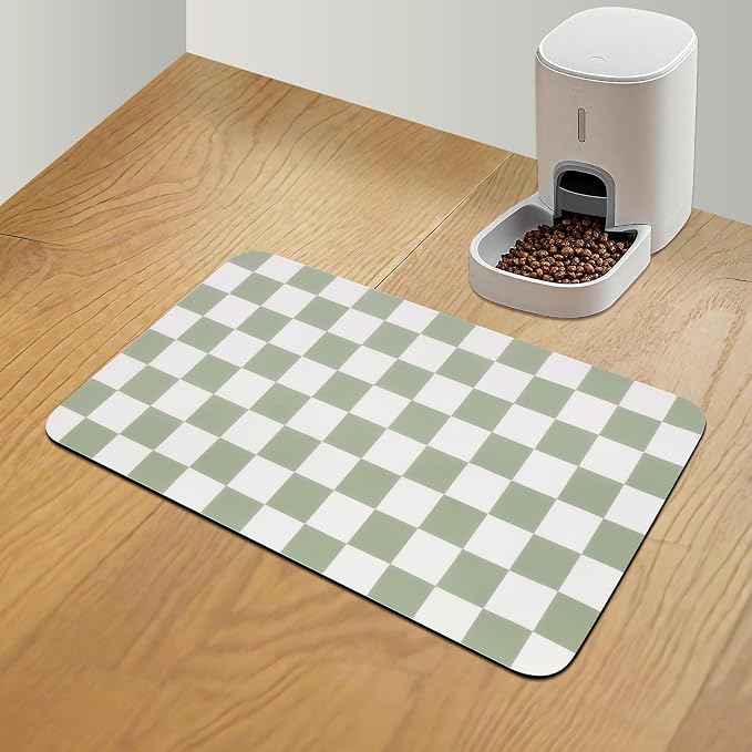 CooRug Checkered Dog Food Mat, Pet Feeding Mat 20" L x 12" W, Green | Absorbent, Leak-Proof, Anti-slip, Quick Dry, Eco-friendly Materials, Easy to clean and store, For Messy Drinkers