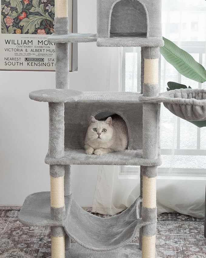 Multi-Level Cat Tree,69 Inches Tall Cat Tower with 2 Plush Condos,Hammock and Plush Perch, Scratching Posts and Pompoms,Gray Cat House for Indoor Cats