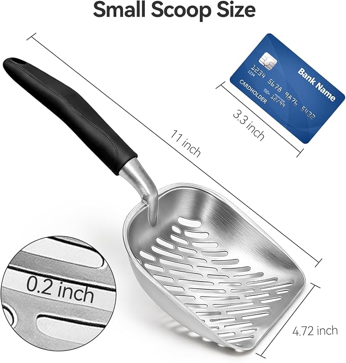 Cat Litter Scoop, Kitty Metal Scooper, Heavy Duty Aluminum Deep Sifter with Long Handle, Rustproof Durable Kitten Poop Shovel for Travel & Small Litter Box