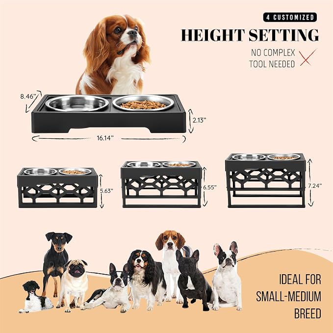 AVERYDAY Small Dog Bowls Elevated, 4 Height Adjustable Raised Dog Bowl Stand with 2 Stainless Steel Food and Water Bowls Set, Tall Dogs Feeding Station with Anti-Slip Base for Small Medium Breeds Dogs