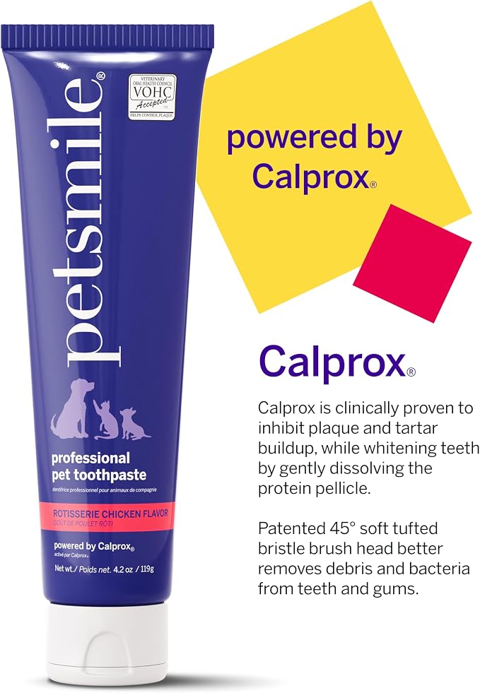 petsmile Professional Pet Teeth Brushing Kit for Cats & Dogs - VOHC Accepted Toothpaste & Patented Toothbrush - Proven to Control Plaque & Tartar Calprox Formula (Rotisserie Chicken, 4.2 Oz)