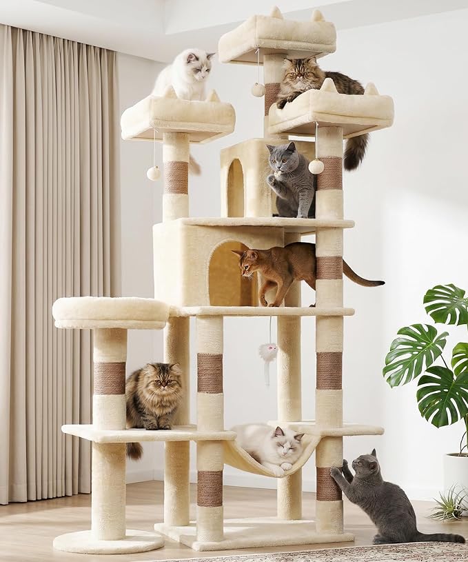 Cat Tower, 71 Inch Heavy Duty Cat Tree for Large Cats | Tall Multi-Level Cat Tree Tower with Extended Base, 2 Condos, 3 Perches, 9 Sisal Posts & Hammock for Indoor Adult Cats, Beige