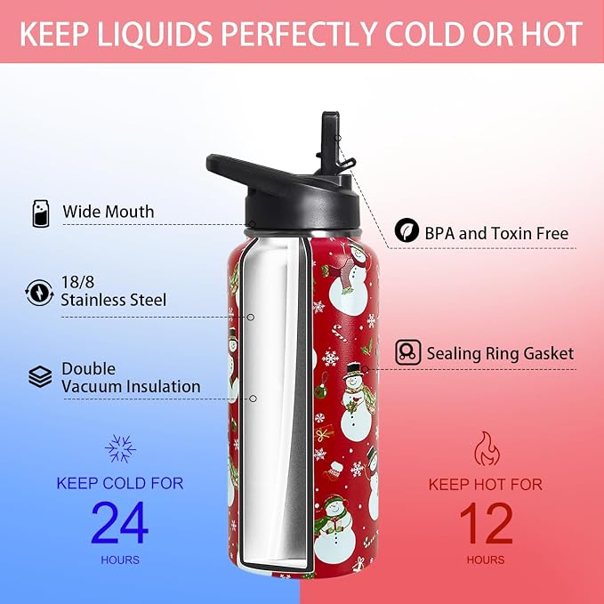 32oz Christmas Snowman Insulated Aater Water Bottle with Straw,Christmas Gym Hiking Sports Coffee Mug Cup Water Bottles,Christmas Gifts for Women,Christmas Decor Stuff Accessories