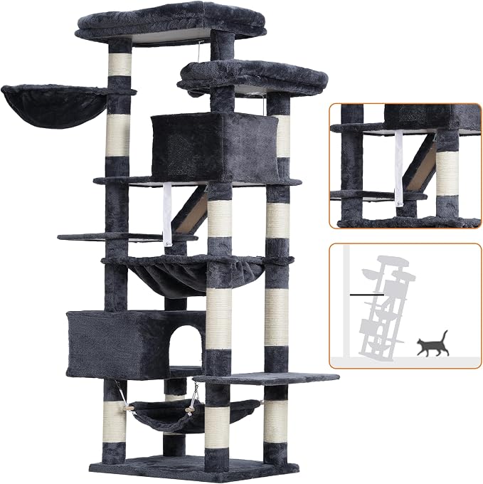 Heybly Cat Tree, 71-Inch-Tall Tower for Indoor Cats with 2 Perches HCT034G | Large Cat Furniture with 2 Big Condos, 2 Hammocks, Basket, Scratching Pad, Multi-Level Cat Condo, Smoky Gray