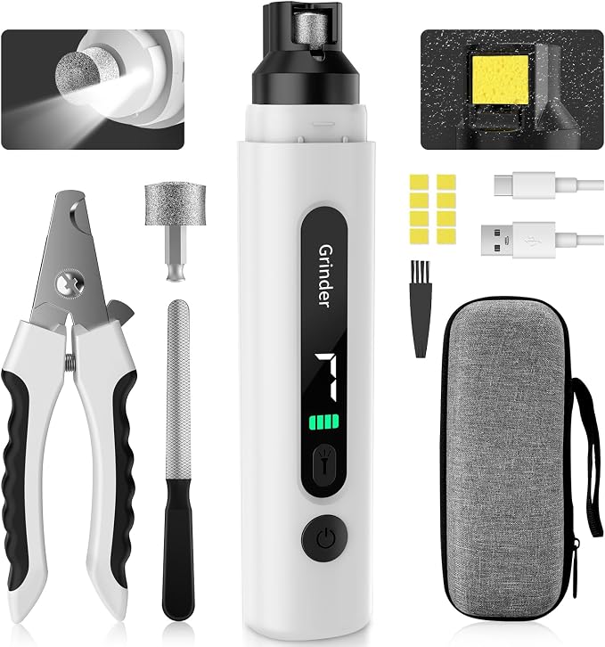 Dog Nail Grinder, Safe Electric Pet Nail Trimmer for Dog Grooming | 7-Speed Adjustable, Quiet Low Vibration, LED Light & Sponge Dust Collector, Painless Trimming, Storage Bag (Black & White)
