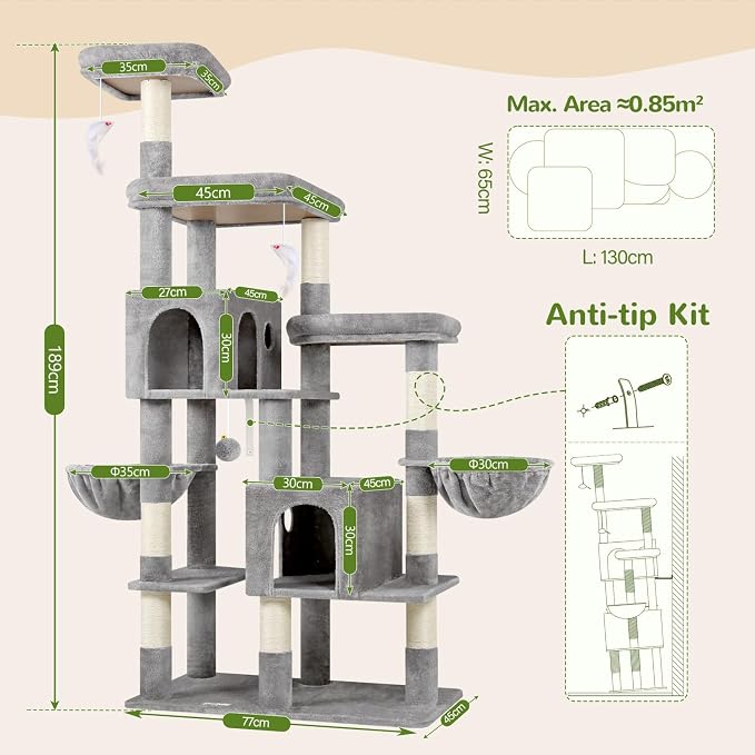 Globlazer 74in Large Sturdy Cat Tree for Large Cats, F74F, Light Grey | Tall Maine Coon Cat Tower for Indoor Cats Large Adult with 8 Scratching Posts, 2 Spacious Cat Condos, 3 Perches
