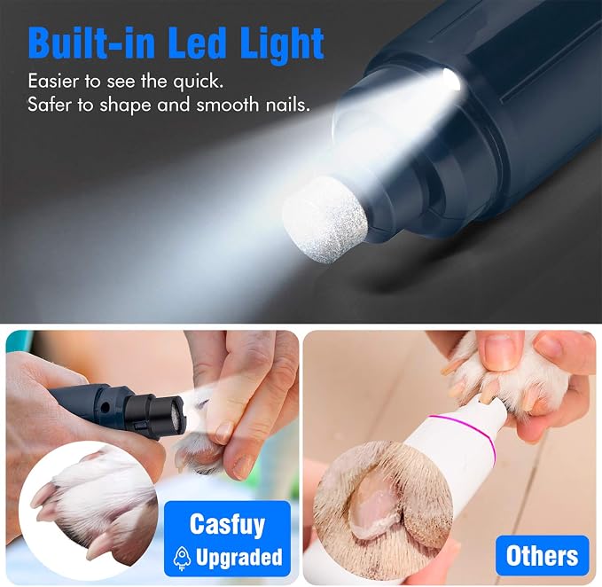 Casfuy Dog Nail Grinder with LED Light - Upgraded 2-Speed Electric Pet Nail Trimmer Powerful Painless Paws Grooming & Smoothing for Small Medium Large Dogs & Cats (Dark Blue)