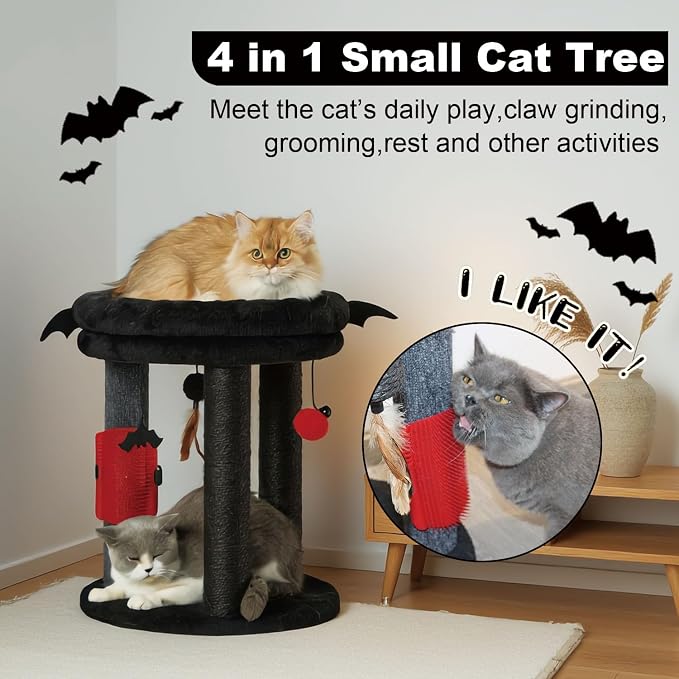 MECOOL 4in1 Small Cat Tree,Scratching Post with Tower Soft Bed, Sisal Carpet Jute Posts with Three Hanging Ball Toys and Massage Brush for Indoor Cats and Kittens