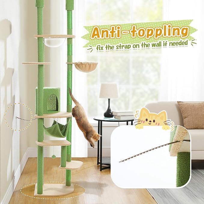PEQULTI Floor to Ceiling Cat Tree, 92.9-101.6in Adjustable Cat Tower, Green | Adjustable tower braces floor to ceiling; cozy condo, large hammock, perches & 9 sisal posts on fan base with anti-tip strap