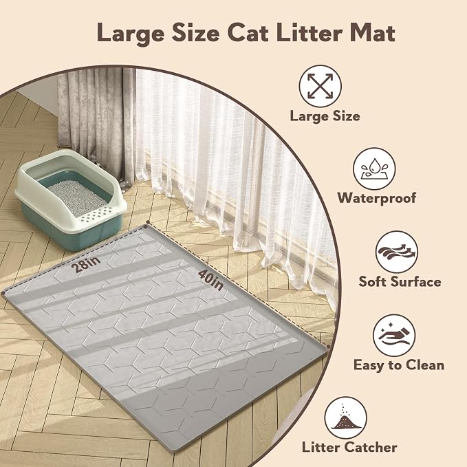 Silicone Cat Litter Mat Large 40" X 28", Easy to Clean, Gray | Large Size Waterproof Silicone Mat with Raised Edges, Catch Litter, Protect Floor from Urine, Multi-Use for Dog/Sink/Kitchen