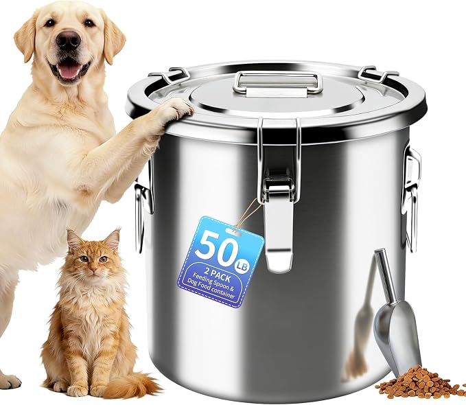 50 lb Stainless Steel Dog Food Storage Container, Airtight Metal Pet Food Storage Bin with Lid and Scoop, Large Dog Food Container for Dry Food, Keep Fresh, Easy to Clean