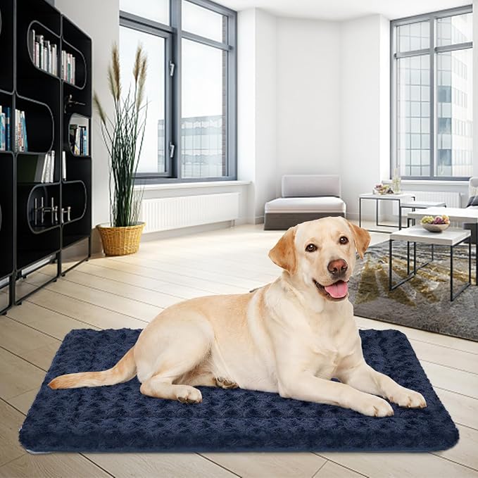 EMPSIGN Dog Crate Pad for 42"x28" Dog Crate, Plush/Canvas Navy | Reversible Kennel Mat (Cool & Warm), Machine Washable, Cozy Plush Sleeping Pad, All-Season Pet Bed
