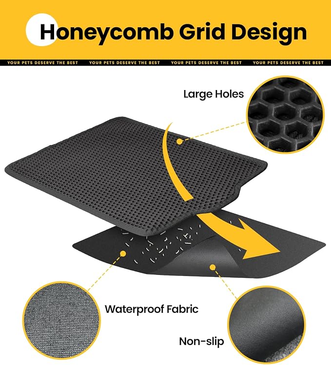 Conlun Cat litter Mat 30"x22", Large Honeycomb Double Layer Waterproof Trapping Waste for Kitty Litter Box, Easy Cleaning Soft on Paws Cat Matt on Floor, Black