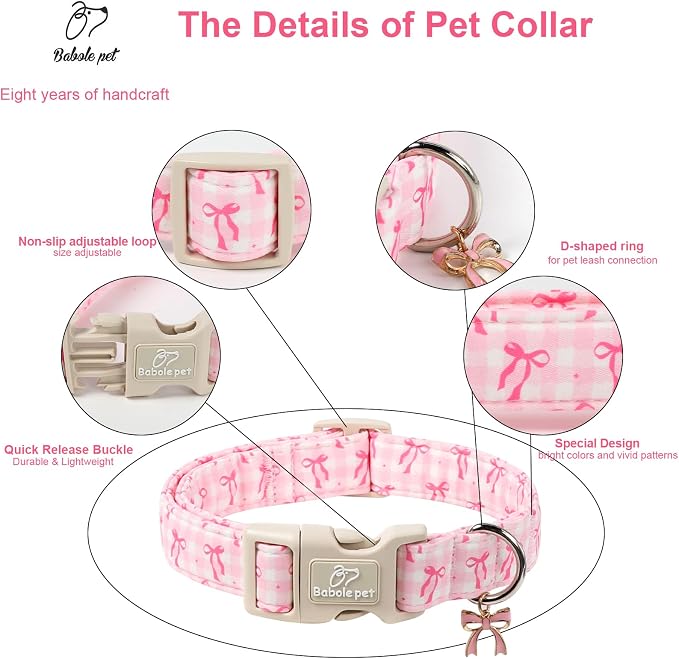 Girl Dog Collar for Puppy Small Dogs - Cute Pink Plaid & Bow Print Spring/Summer Puppy Collar, Soft Adjustable Holiday Female Dog Collars with Quick Release Buckle XS