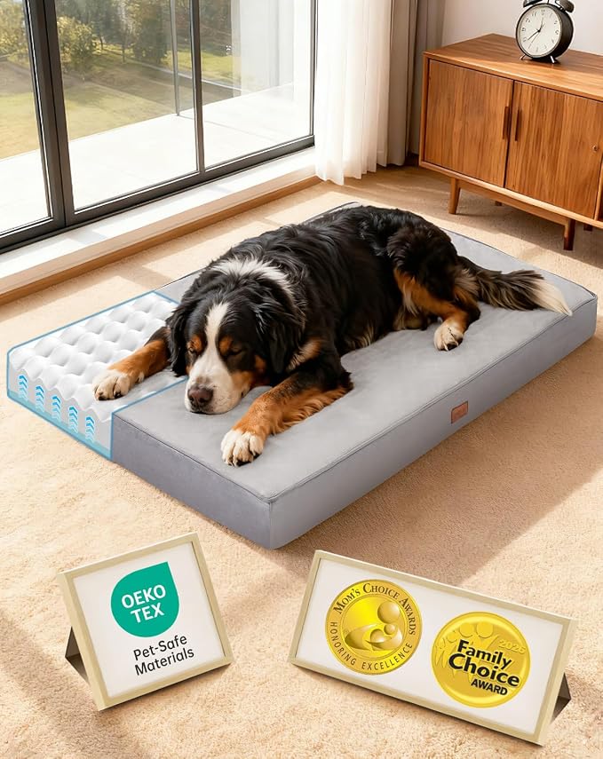 OhGeni Orthopedic Waterproof Dog Bed for Extra Large Dogs, Machine-Washable Removable Cover in Easy-Clean Fabric, Reversible Memory Foam & Easy-Carry Handle, Suitable for Crate, 47 inch (Gray)