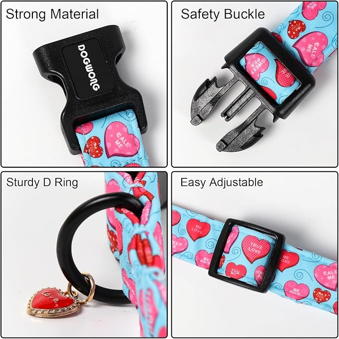 DOGWONG Valentine's Day Dog Collar-Cute Blue Heart Pattern Dog Collars, Adjustable Valentine Heart Pet Collars Puppy Collar with Quick Release Buckle for Girl&Boy Dogs,M