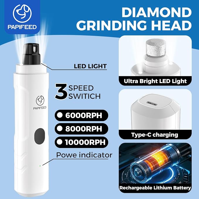 PAPIFFEED Dog Nail Clippers & Grinder with Manual Nail Clipper – Quiet 3-Speed Electric Dog Nail Trimmers with Dual LED, Rechargeable Pet Nail File for Dogs & Cats (White)