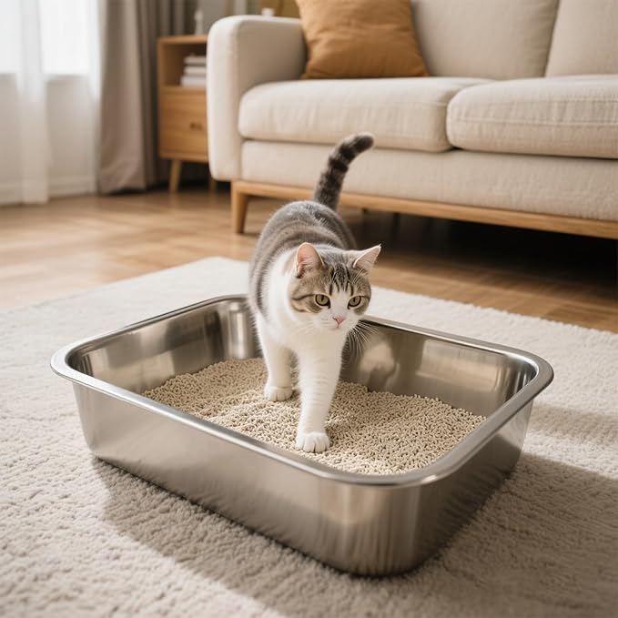 2 Pack Stainless Steel Cat Litter Box Large Metal Litter Pan Tray High Sided Cat Box, Pet Toilet Supplies for Indoor Cats Kitten Rabbit - Non Stick, No Smell, Easy to Clean - 17.72x13.78x5.91 Inch