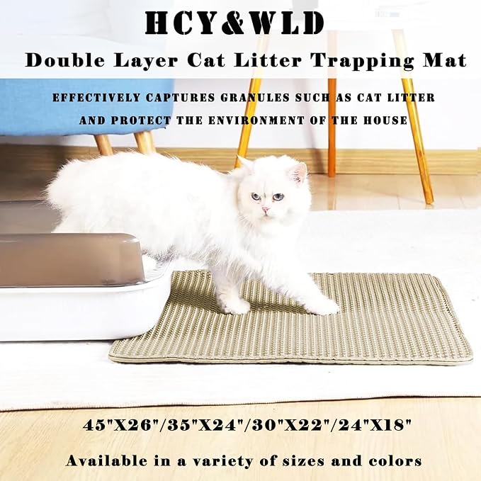 HCY&WLD Cat Litter Mat, Honeycomb Double Layer Litter Trapping Mat | Safe Materials, Soft on Paws, Waterproof Urine Proof Non-Slip, Protects Floors, Less Waste, Easy to Clean, Beige, 35" x 24"