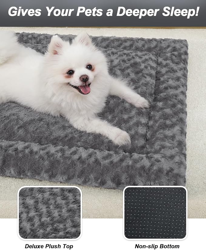 Exsnugy Washable Dog Bed Mat Medium Size Fluffy Pet Crate Pad 36x23 | Non-Slip Bottom Kennel Beds Ultra Soft Comfy Sleeping Mattress for Large Medium Small Dogs Gray