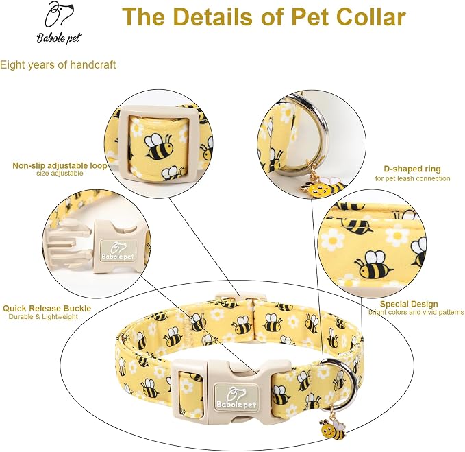 Bee & Daisy Dog Collar for Large Dogs - Spring/Summer Cartoon Yellow Dog Collars, Lightweight Adjustable Male Female Dogs Collars with Quick Release Buckle L