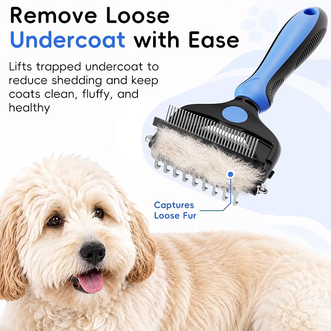 3-in-1 Professional Pet Grooming Brush for Dogs & Cats – Dematting Comb, Undercoat Rake & Deshedding Tool for Long & Short Hair, Heavy Shedding & Matted Fur (Blue)
