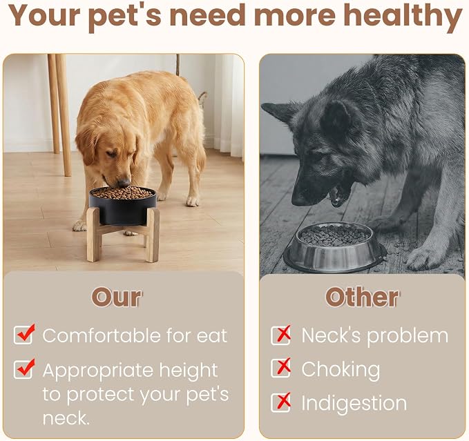 hjn Elevated Ceramic Dog Bowl with Bamboo Stand, Raised Pet Feeding Station for Small Medium Dogs Cats, Modern Design with Anti-Slip Base (Black, 7.6Cup)
