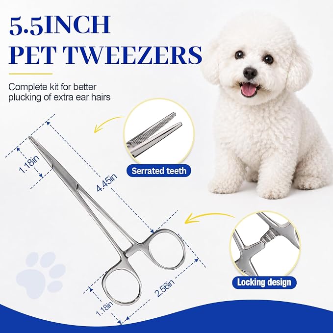 Upgraded Dog Ear Powder with 5.5 Inch Hair Removal Tool | Pet Ear Grooming Cleaner | Ear Wax Remover | Supports Fresh-Feeling Ears | Absorbs Moisture