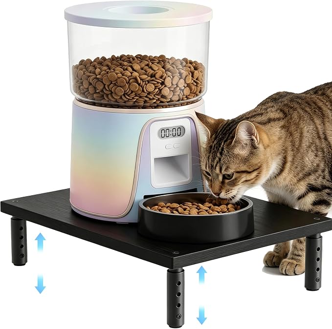 OPNICE Adjustable Cat Food Stand, Elevated Cat Feeder Stand with 4 Height Settings, Automatic Cat Feeder & Tradition Bowls, Raised Pet Feeding Table Station for Cats & Small Dogs, Waterproof Wood