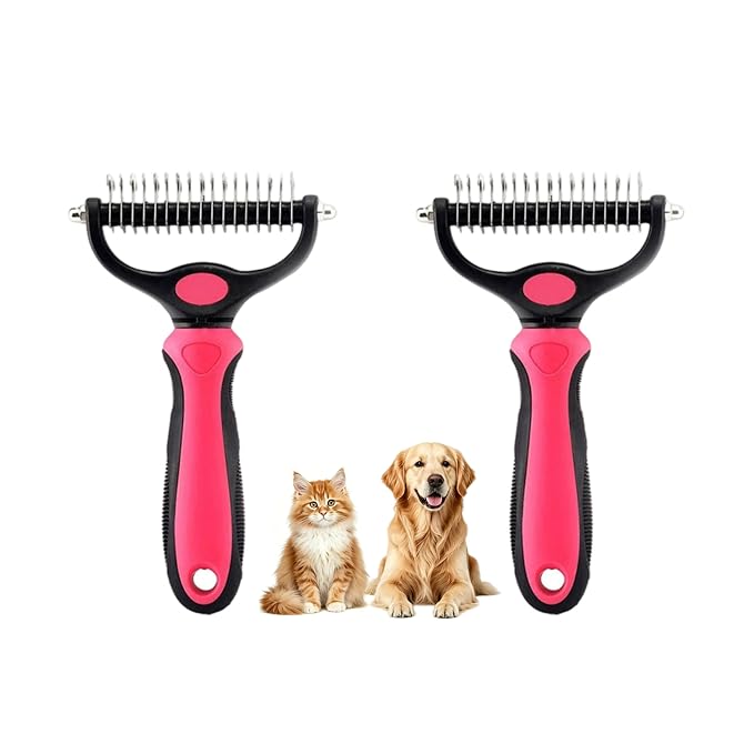 Dematting Comb for Dogs and Cats, Undercoat Rake Pet Brush for Long Hair, Deshedding Dog Brush Removes Tangles Knots and Loose Fur, Grooming Tool for Thick Coats (Pink L*2)