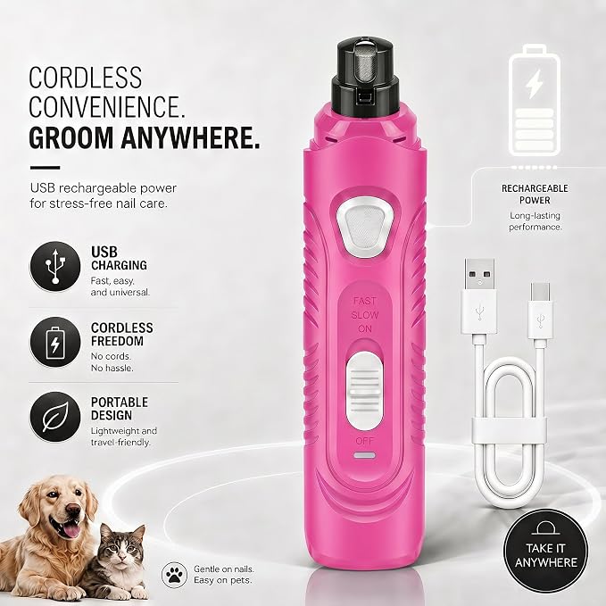 Pet Nail Grinder for Dogs and Cats, 2-Speed Electric Dog Nail Trimmer, Extral Steel Pet Nail Clipper, Rechargeable 2000mAh Nail Grinder for Small Medium Large Dogs with 2 LED Lights, Pink