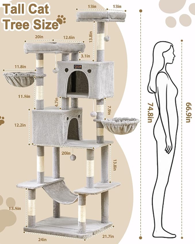 74in Cat Tree Tower for Indoor Cats, Multi-Level Design | 2 Roomy Condos, 2 Cozy Baskets, 2 Padded Perches, 9 Sisal Scratching Posts, Hammock, Hanging Toys, Wide Base, Easy Assembly