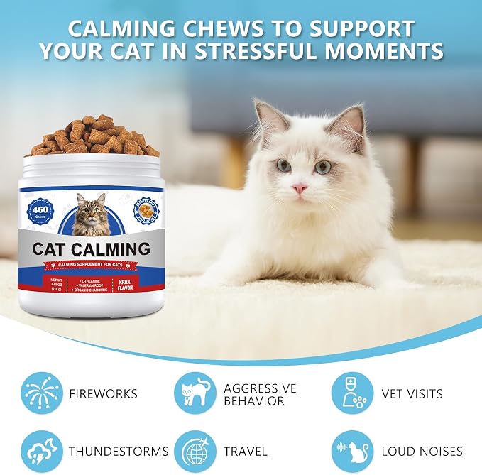 Calming Chews for Cats 460ct, Cat Calming Treats - Cat Anxiety Relief, Helps Reduce Stress & Promotes Relaxation for Travel, Boarding, Vet Visits, Separation Anxiety, Prevent Bites - Krill Flavor