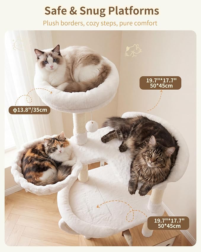 Heybly Cat Tree with Litter Box Enclosure, Modern 64" Hidden Tower HCT105BT | All-in-One Solid Wood Cat Condo for Indoor Cats with Paw-Shaped Board, Multi-Level Perch & Playzone, White Oak