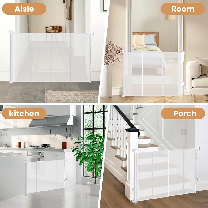Spaceany Reinforced Retractable Baby Gate or Mesh Dog Gate,Easy to Use for Stairs, Doorways, Hallways, Indoor, Outdoor, Wide Pet Gate 33.5" Tall, Extends to 45" Wide, White