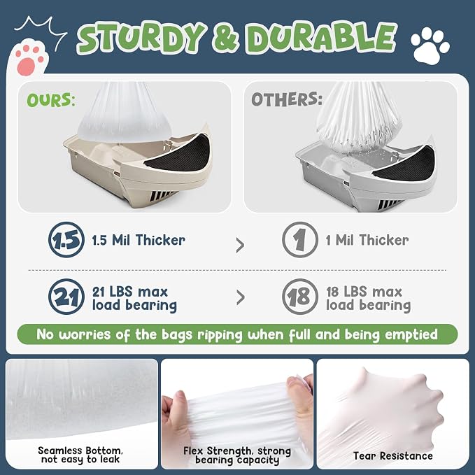120 Pack Litter Box Robot 3 4 and 5 Waste Bags, 1.5 Mils Thick Drawstrings Closure Cat Litter Box Bags Liners Compatible with Automatic Self-Cleaning Robot, Replacement Waste Drawer Liners