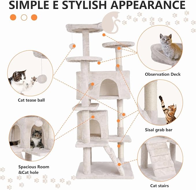 Cat Tree for Indoor Cats, Multi-Level Cat Tower with Scratching Posts & Cozy Condo, Space Saving Cat Activity Center, Durable Pet Play House (54in,Beige)