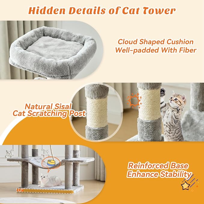 Large 66 Inch Cat Tree Tower with Sisal Scratching Post | Multi-Level Cat Climbing Tower with Hammock, Pet Condo for Indoor Cats and Kittens, Light Grey